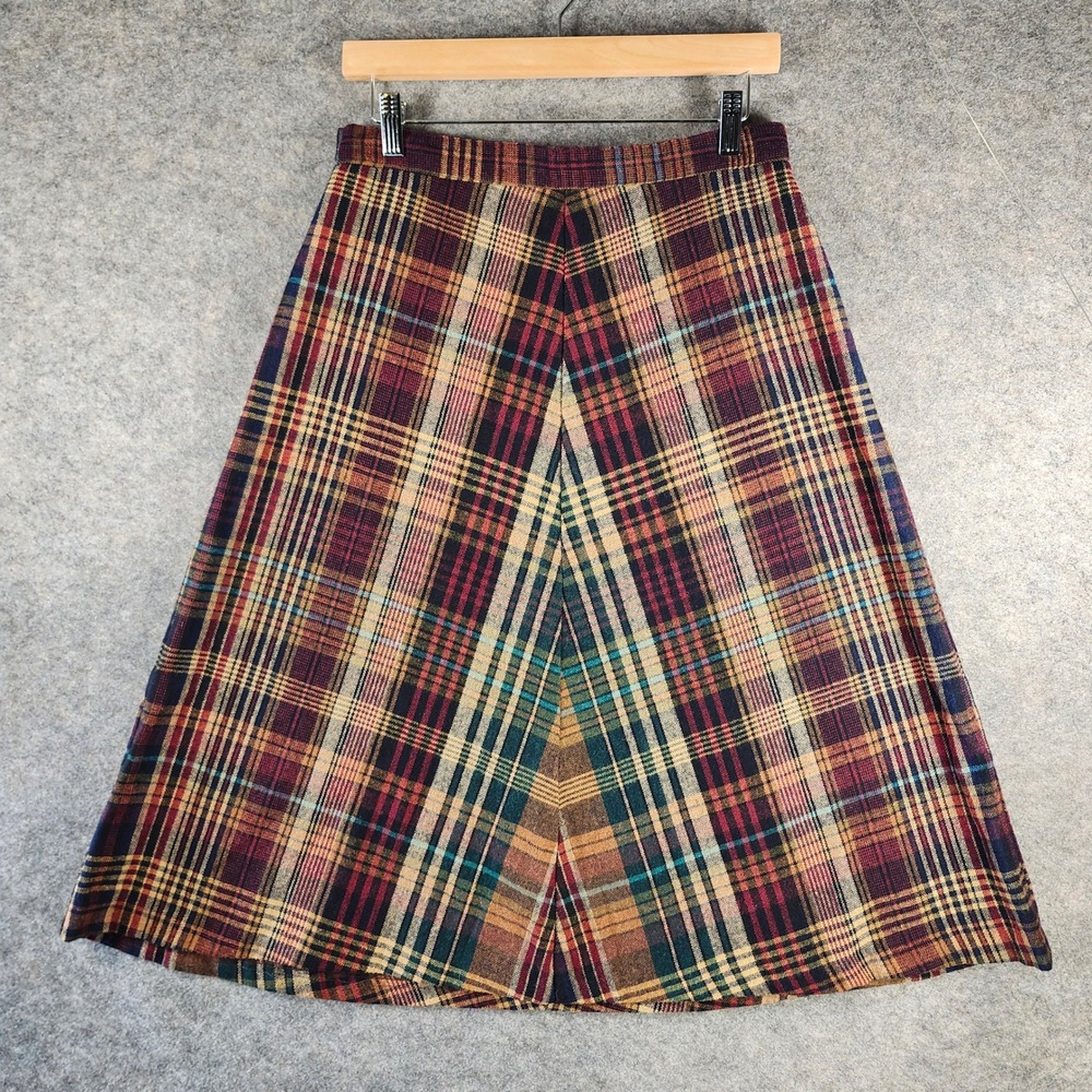 Vintage Plaid A Line Midi Skirt Wool Blend 29 Button Zip Closure Womens Academia